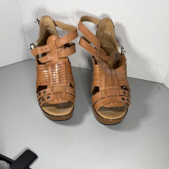 Macarena Woven Leather Platform Sandals Tan Block Heel Boho Festival Style Sz 8 - Picture 2 of 10